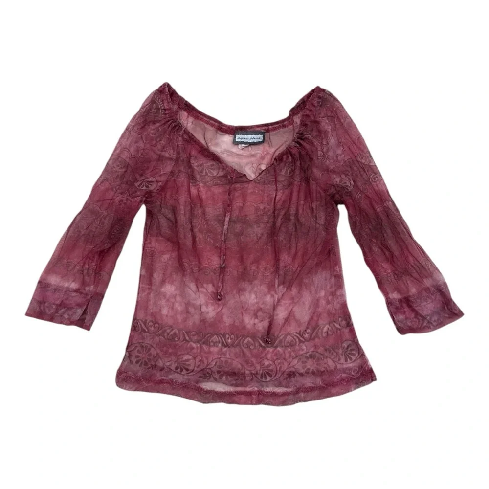 Vintage Aqua Blues 90s Sheer Burgundy Blouse Womens Large - Picture 1 of 5